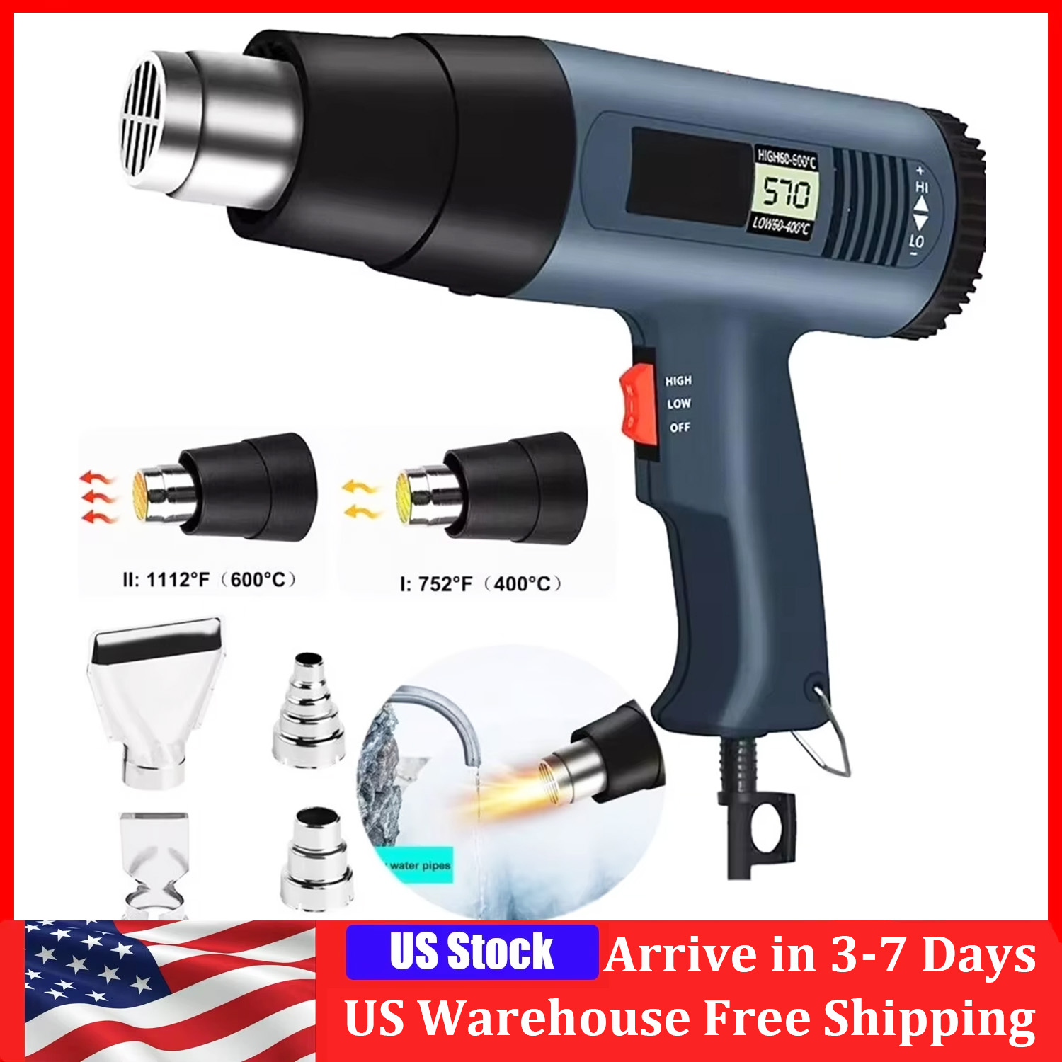 Heat Gun Variable - 2000 ワット電気ヒートガン液晶ディスプレイ付き温度調節可能なヘアドライヤーツールはんだ付け用熱送風機シュリンク包装