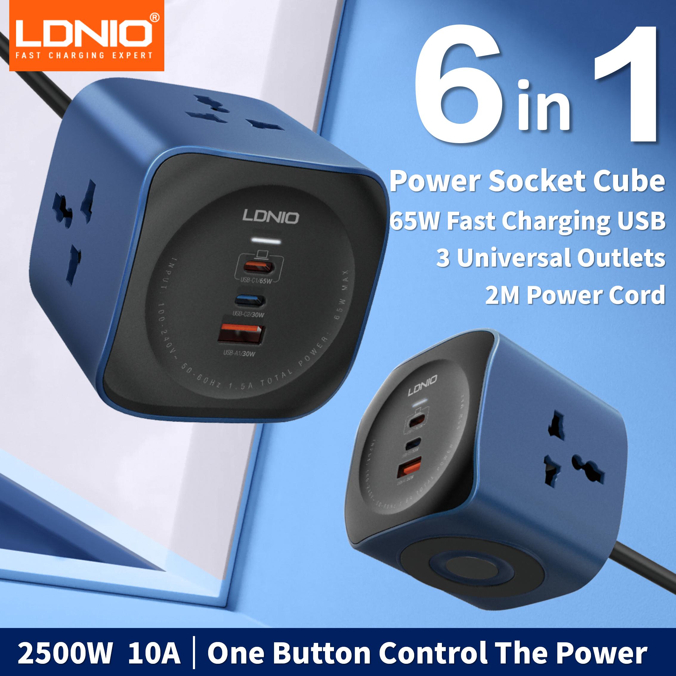 Power Tools Uk - LDNIO 65W充電ステーション付きキューブ型電源タップ、2m延長コード、EU/UK/USプラグ、USB-Cアダプター、ソケット、サージプロテクター
